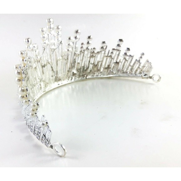Pearl Bead Clear Silver Tone Metal Tiara Crown Bridal Elegant Rhinestone - Picture 2 of 6